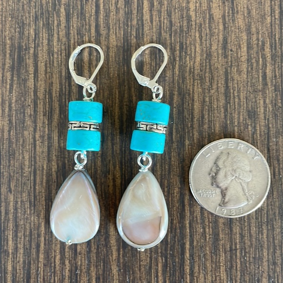 HAND CRAFTED EARRINGS Turquoise Rondelles “Greige” Mother of Pearl Teardrops - Picture 4 of 12